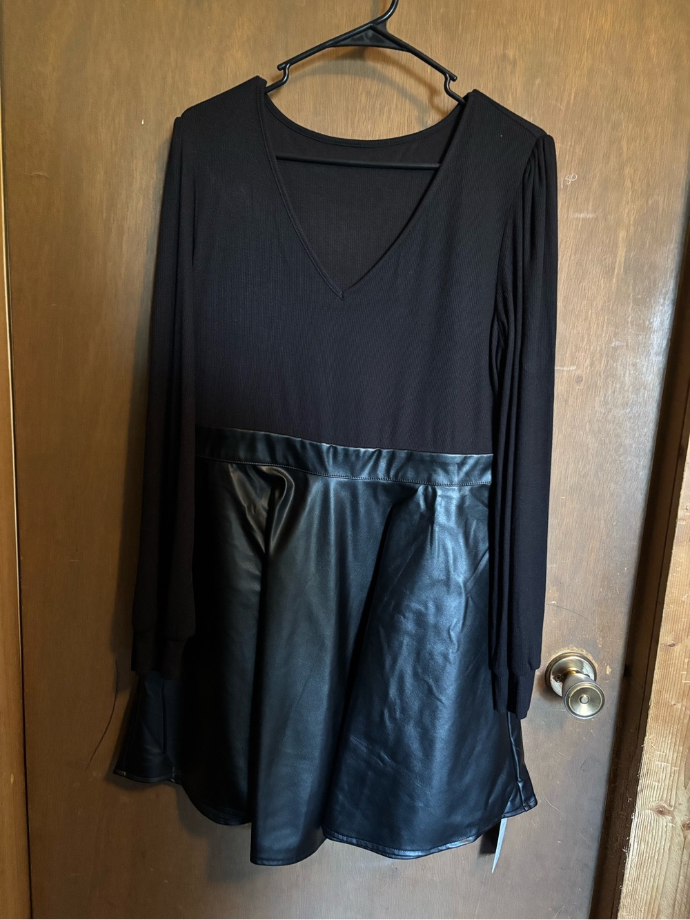 Cupshe Black Long Sleeve V-Neck Faux Leather Panel Dress